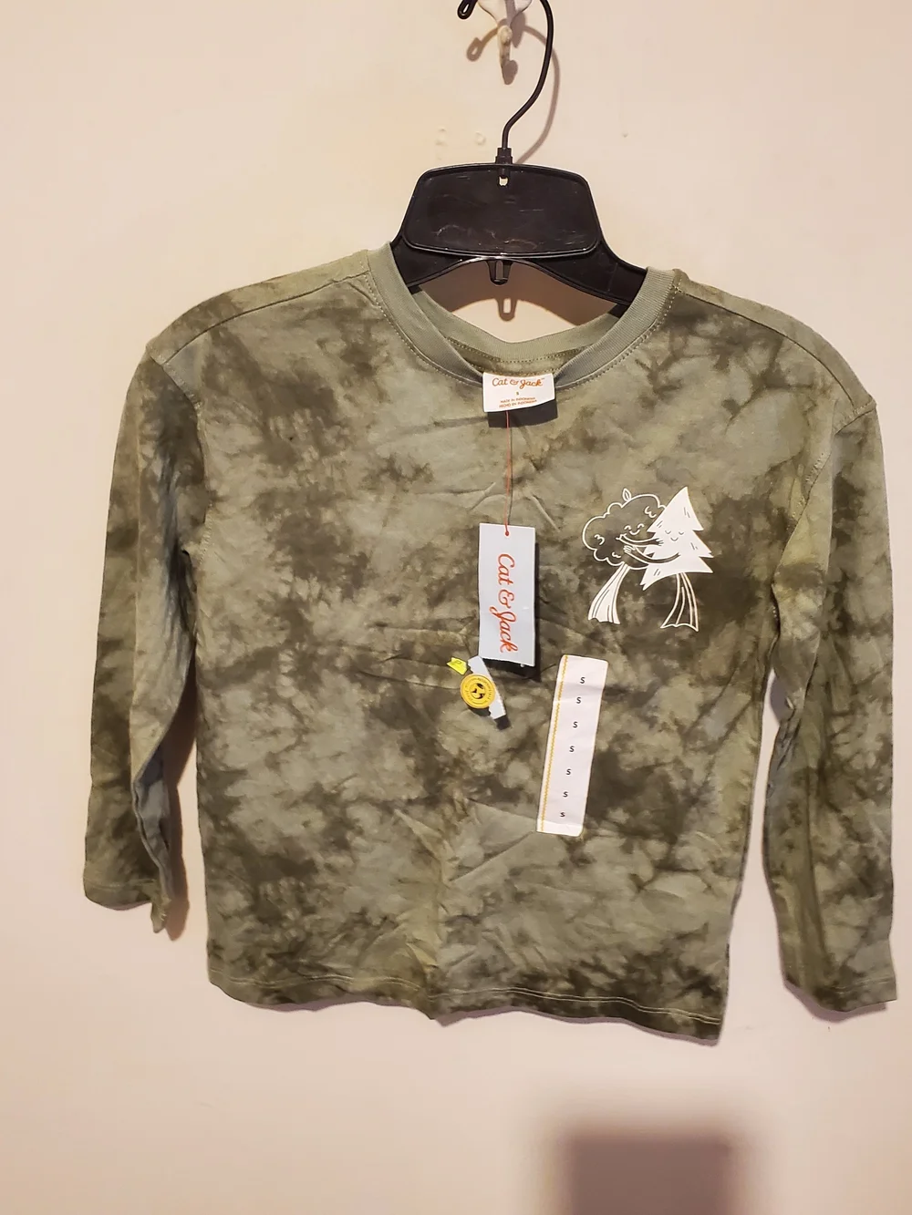 Kids Green Tie-Dye Long Sleeve Tee with Tree Graphic Size S